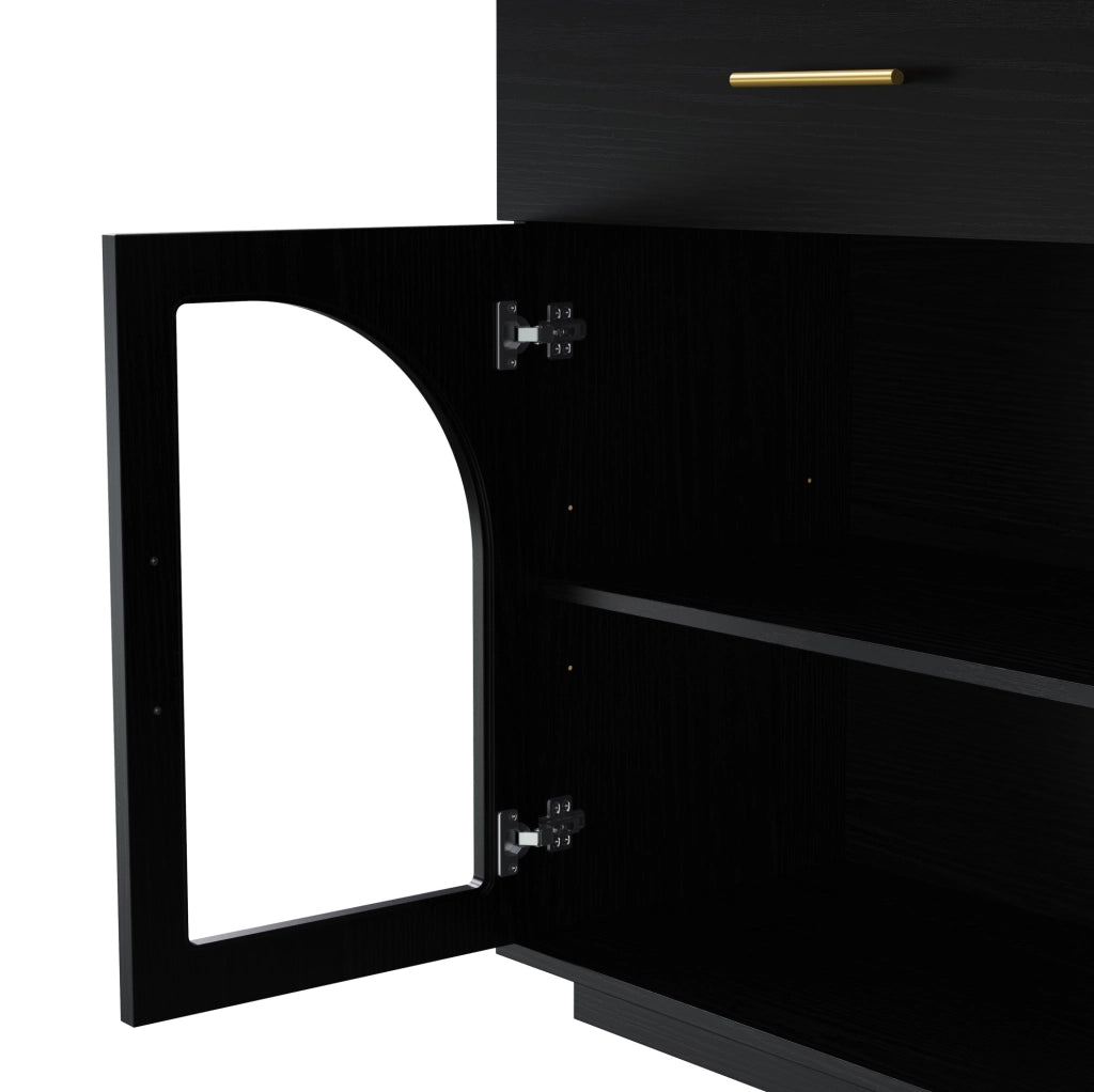 Credenza da cucina con LED, 2 cassetti e 4 ante, nero e naturale