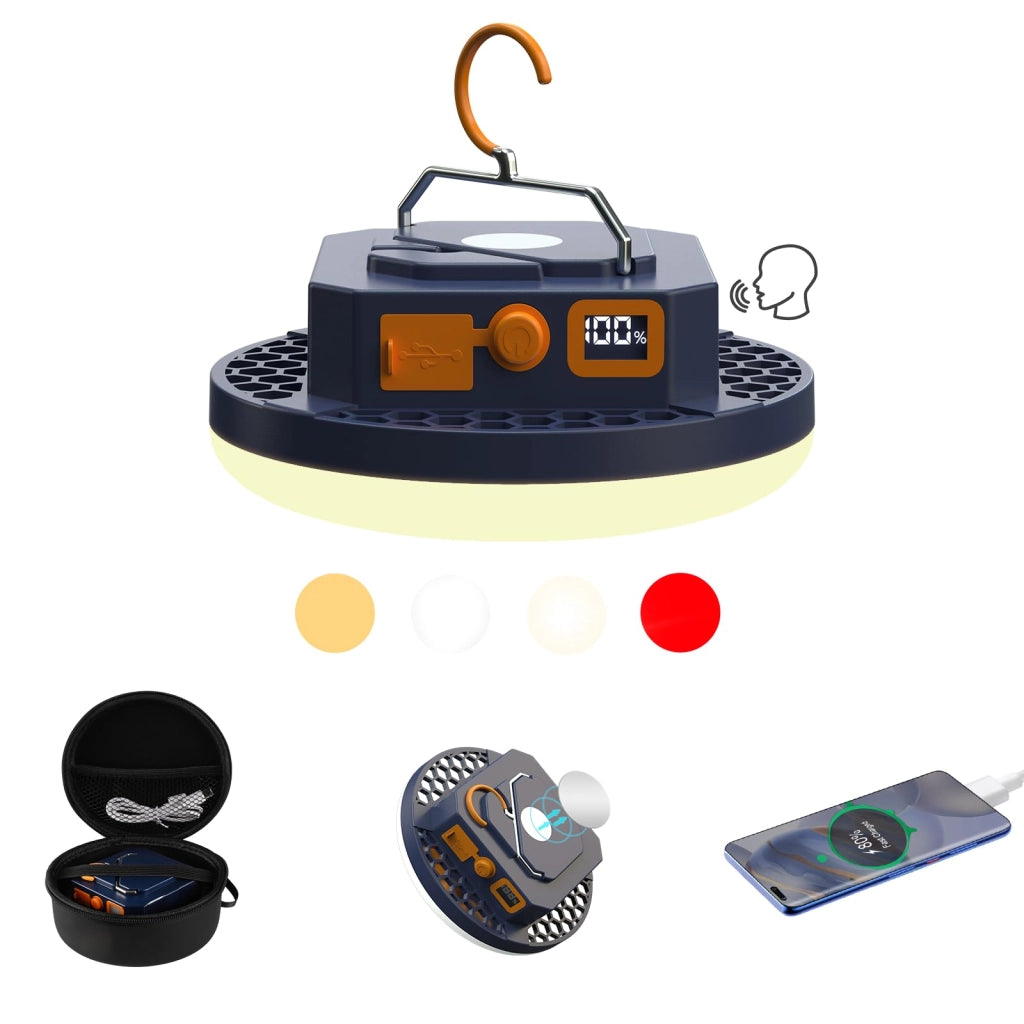 Lanterna da campeggio a comando vocale con 3000 lumen, 4 modalità di luce, IPX4, Bluetooth, uscita USB-A, blu