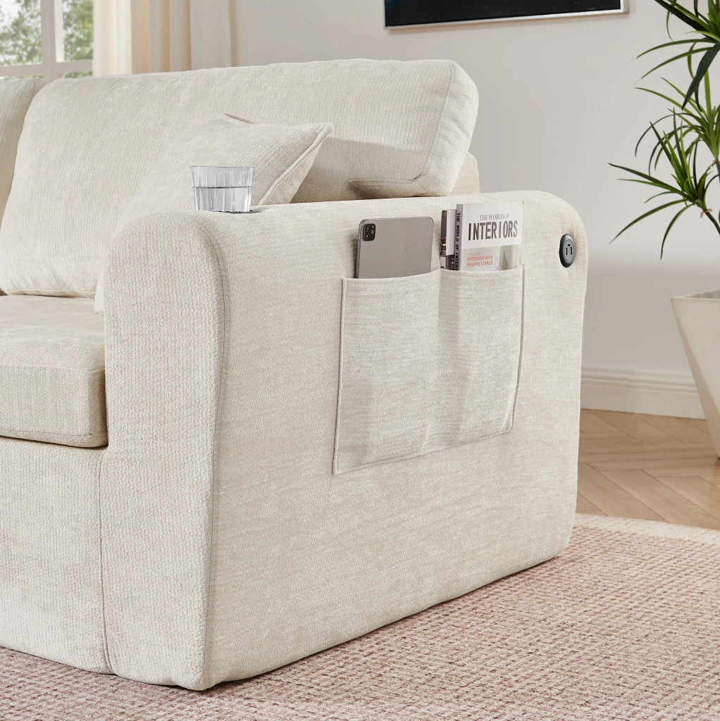 Divano relax 2 posti in ciniglia beige con ricarica USB e portabicchieri