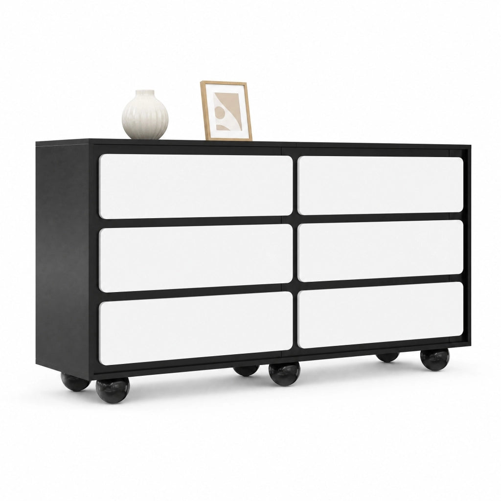 Cassettiera a sei cassetti 140x38x74,5 cm in truciolare bianco e nero