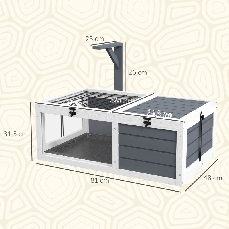 Tartarughiera in legno grigio con 2 vani, coperchio, vaschette in plastica e finestra