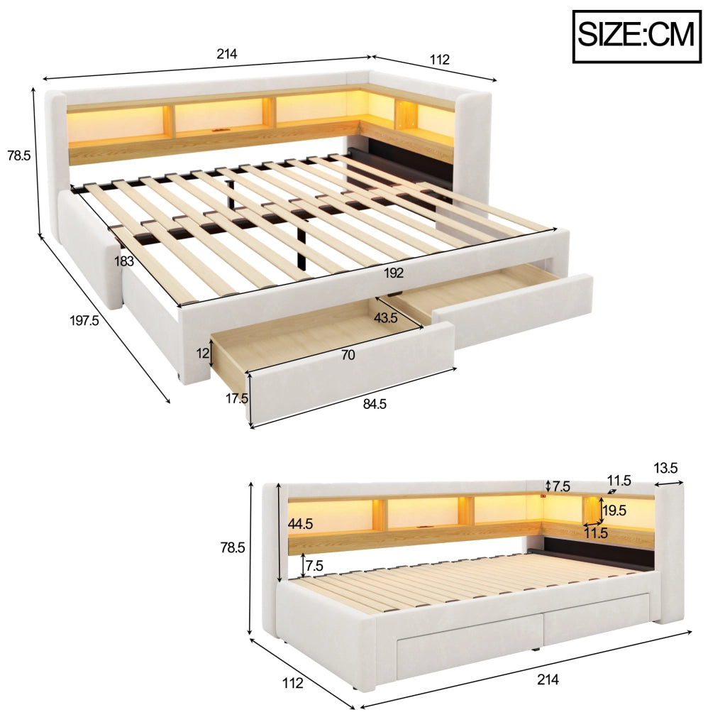 Divano letto estraibile 90x200 cm con LED, prese e cassetti