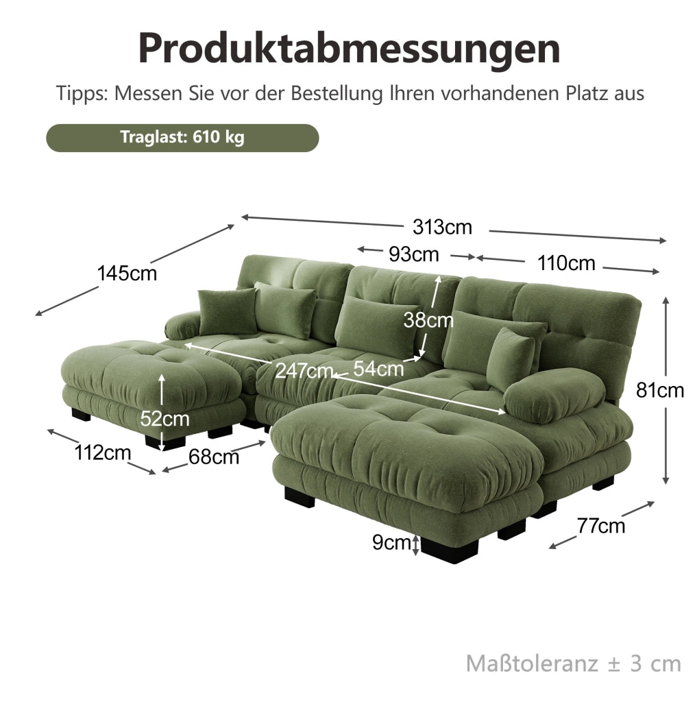 DIVANO Modulare 313x145x81 cm in ciniglia verde con pouf
