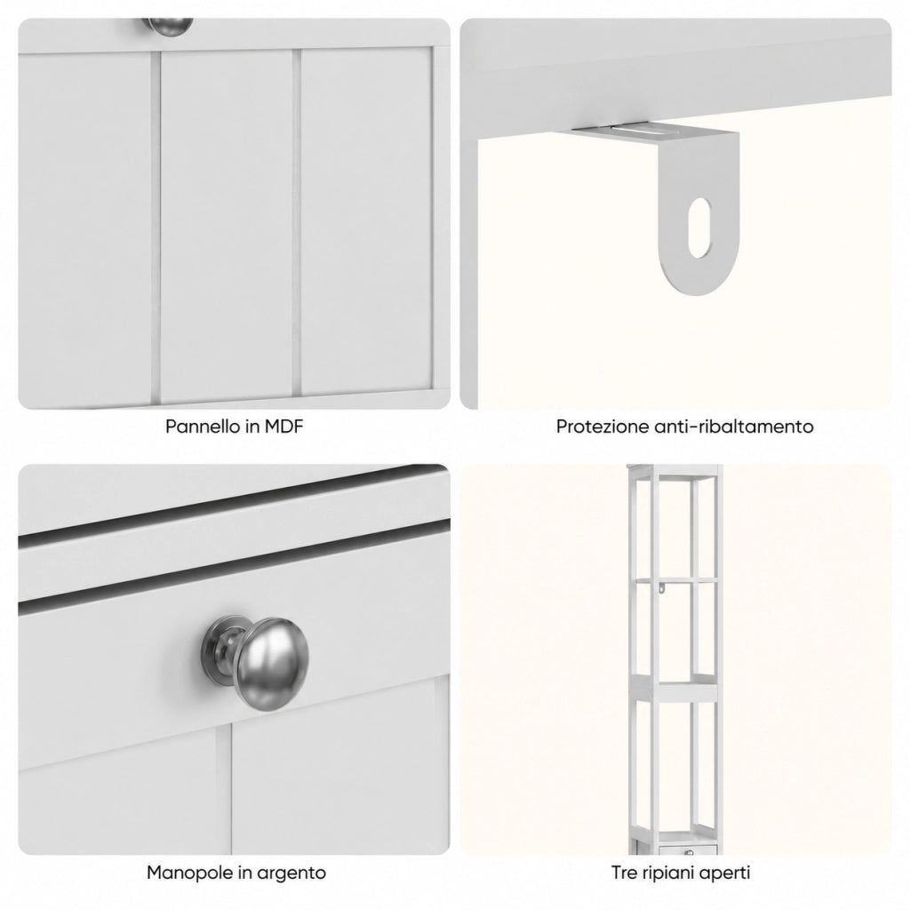 Colonna bagno 20 x 30 x 160 cm; stretta da terra con 2 cassetti e 3 ripiani aperti; MDF; bianco