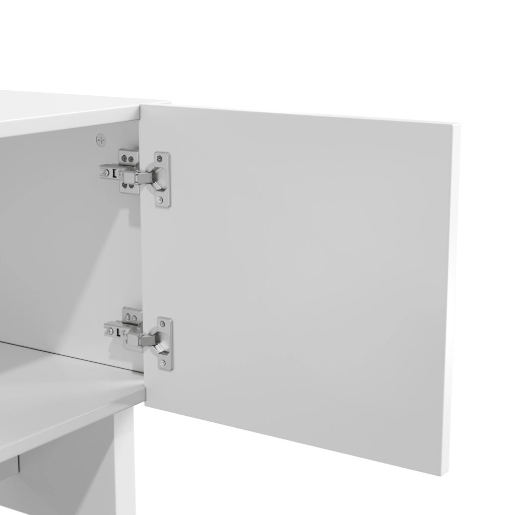 Set soggiorno bianco con mobile TV e tavolino, decoro a rombi