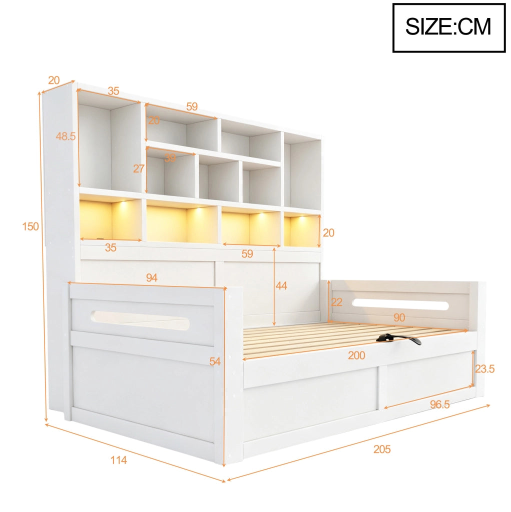 Letto singolo 90 x 200 cm bianco con vano contenitore, LED e prese