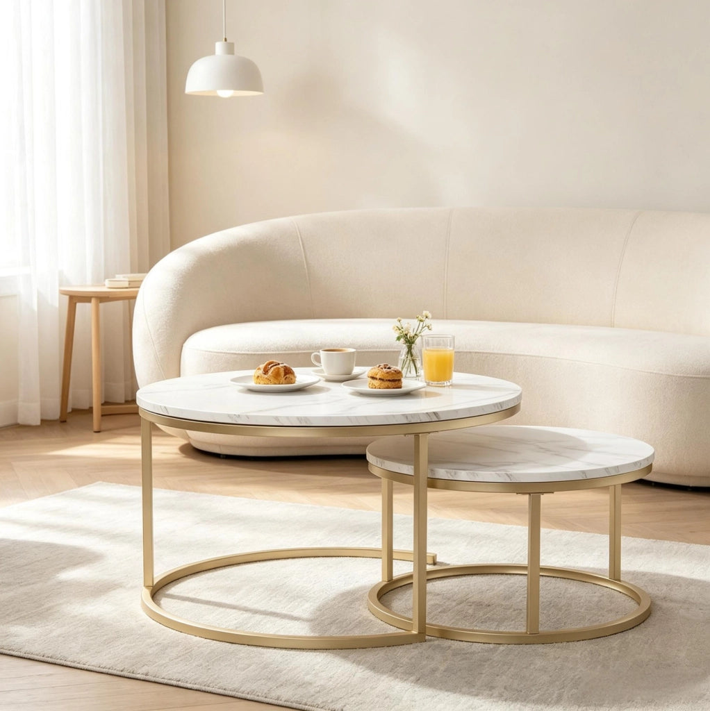 Set di 2 tavolini da caffè rotondi effetto marmo bianco