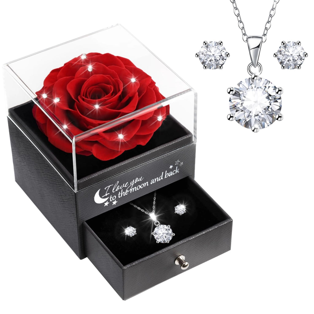 Rosa eterna con ciondolo e orecchini in argento 925, regalo per donna