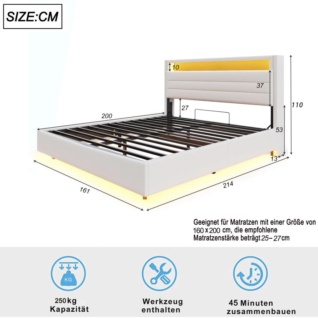 Letto imbottito 160x200 cm con contenitore idraulico, USB e LED in tessuto beige