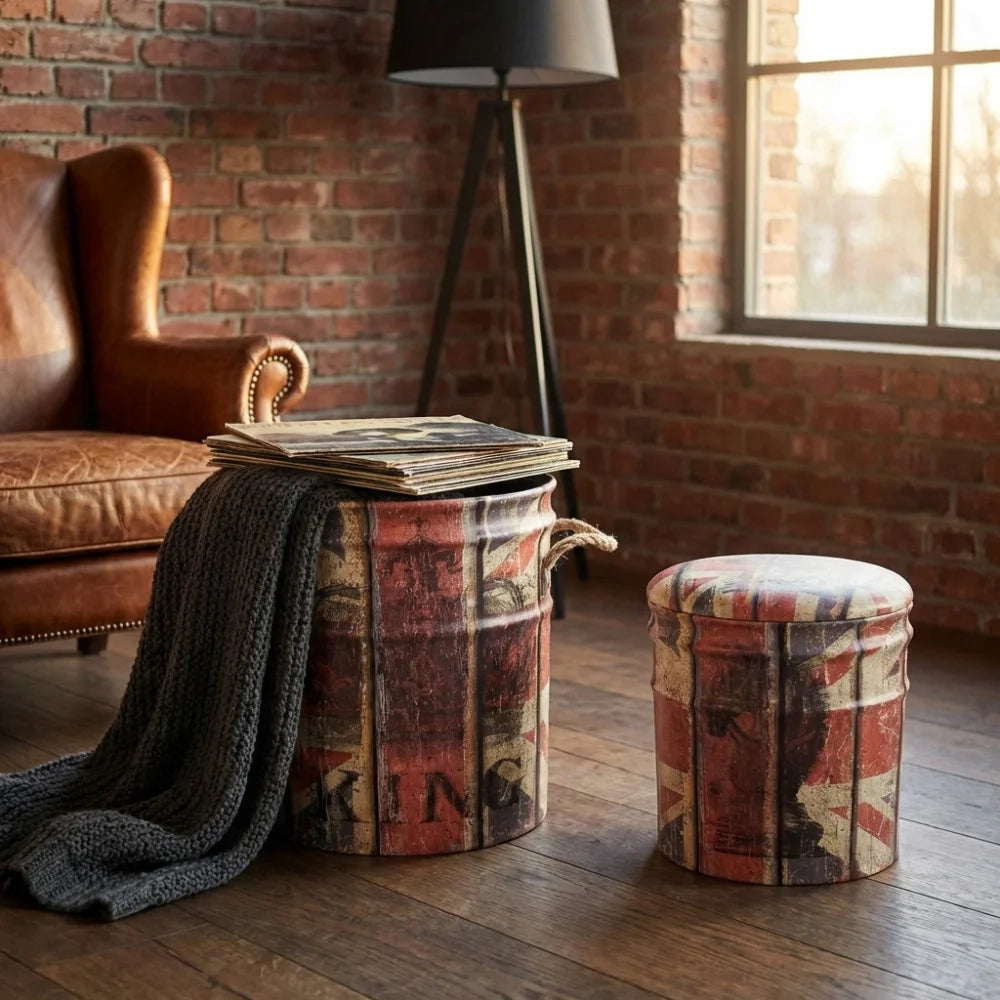 Set di 2 Pouf Contenitore Rotondi in MDF e PVC Panna e Rossi Lenny Multicolor