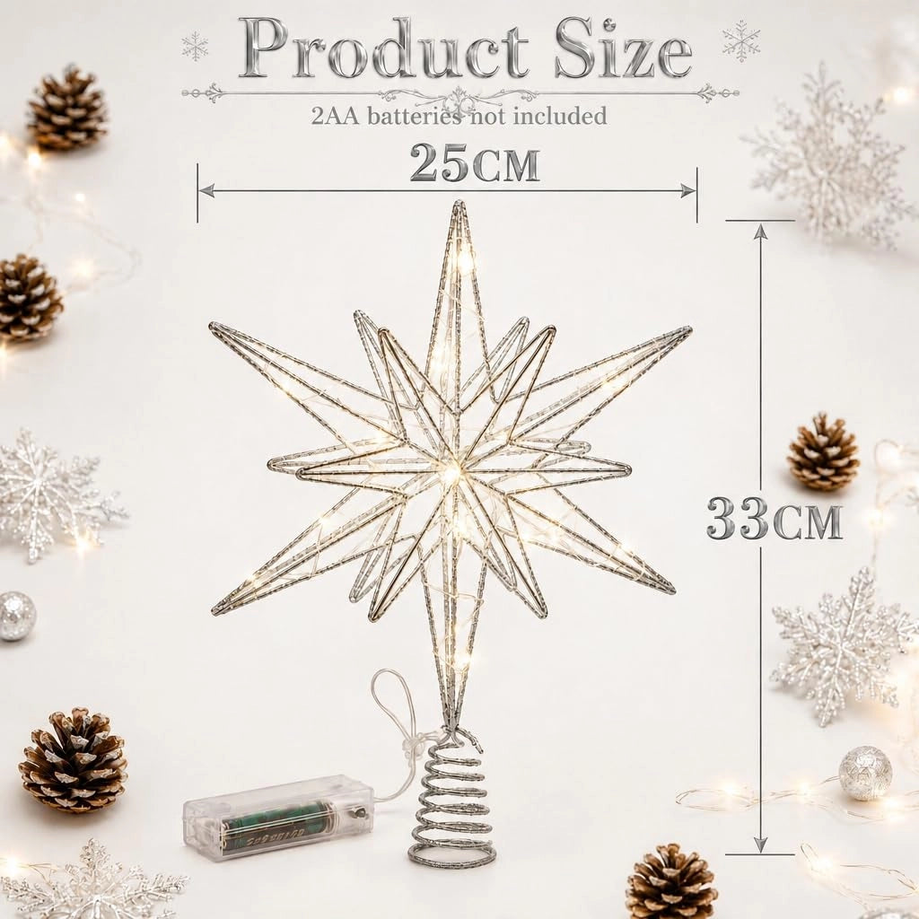 Stella di Natale, 33 cm, argento, 20 LED, alimentata a batteria
