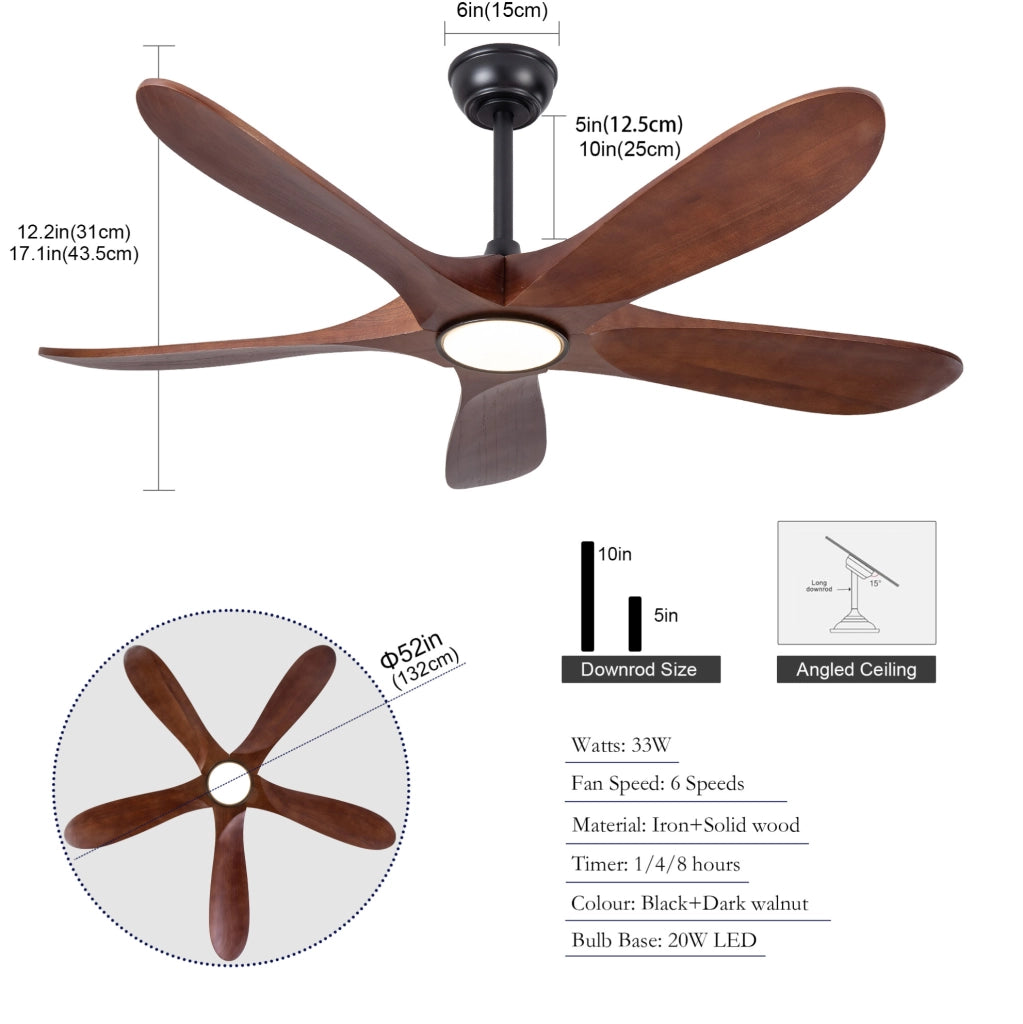 Ventilatore da soffitto con luce e telecomando in legno massello