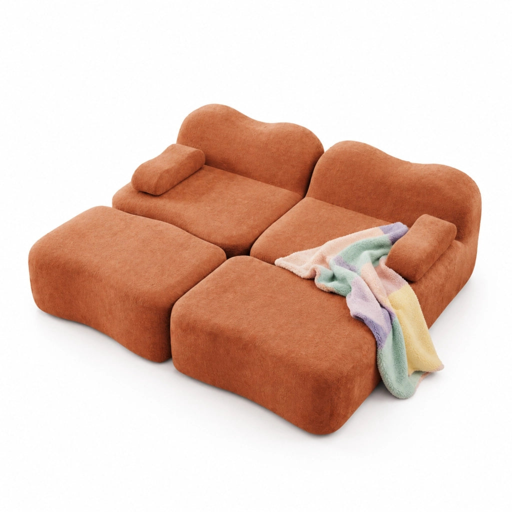 Divano modulare angolare in velluto arancione con pouf