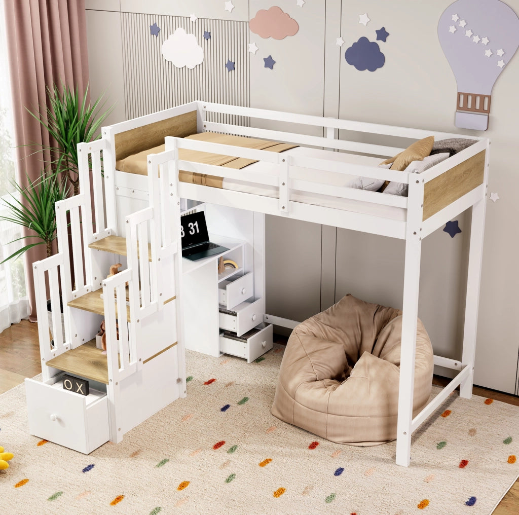 Letto a soppalco per bambini 90x200 cm con scrivania e contenitori