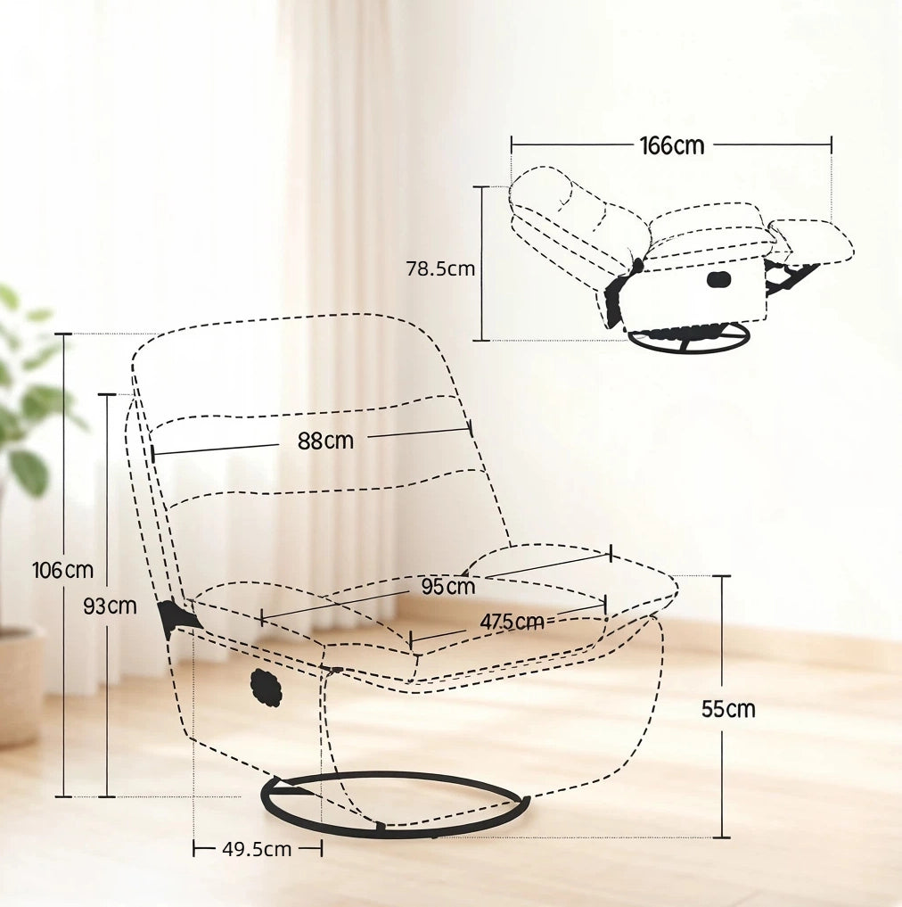 Poltrona relax girevole beige con dondolo, poggiapiedi e vano laterale