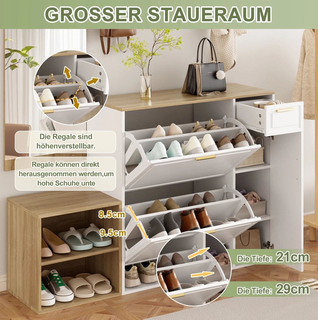 Set ingresso 4 pezzi con scarpiera, panca e specchio, bianco e naturale