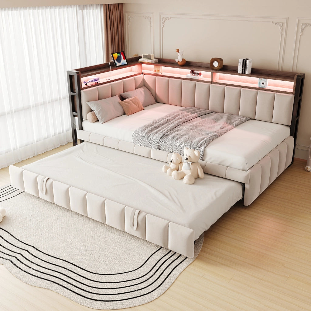 Divano letto estraibile 90x200 beige con LED, USB e Type-C