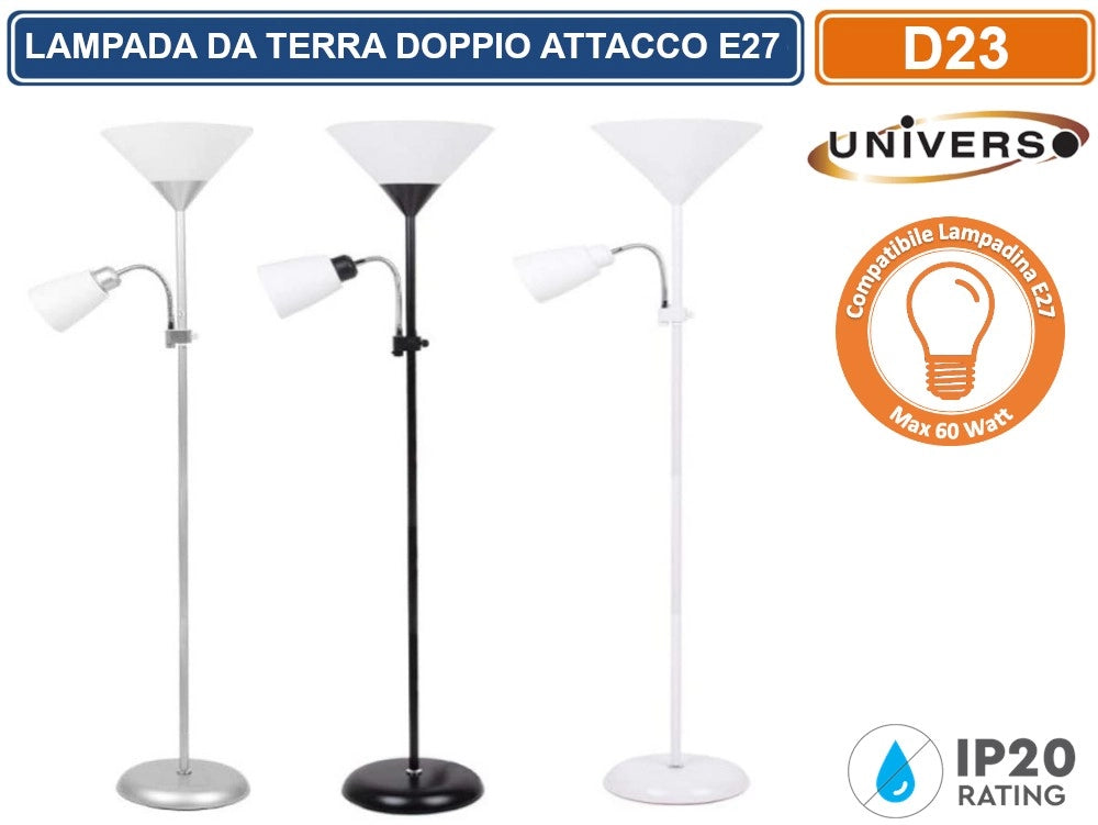 UNIVERSO LAMPADA A PIANTANA DA TERRA IN METALLO CON DOPPIO ATTACCO E27 PORTALAMPDA A BRACCIO ORIENTABILE - Colore Struttura:Argento
