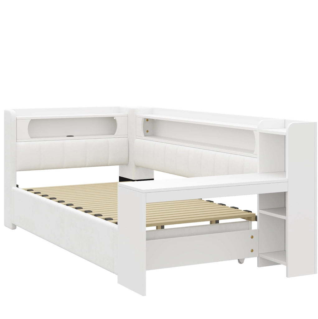 Letto imbottito estraibile bianco con scrivania, luci LED e porte USB