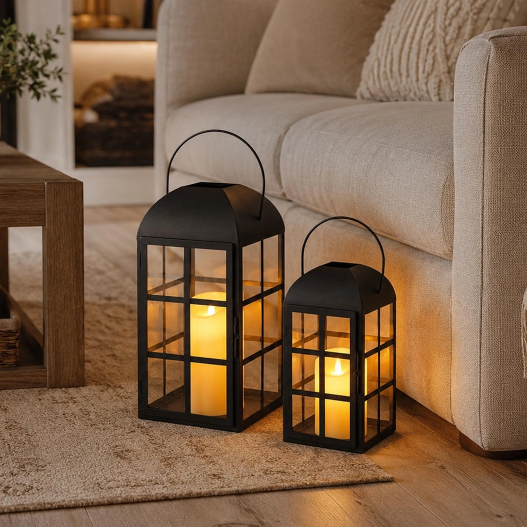 Set di 2 lanterne per candele, altezza 35 cm e 26 cm, in metallo, colore nero