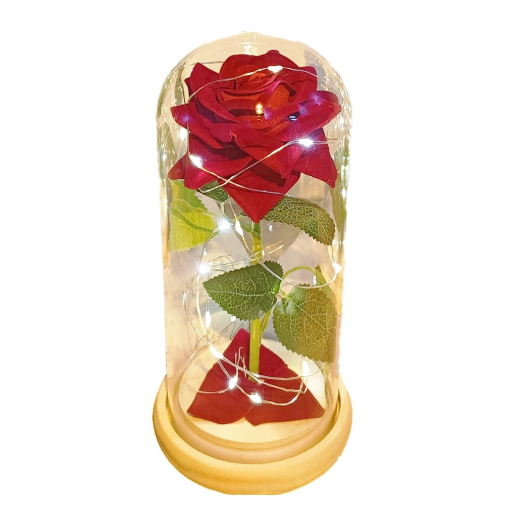 Rosa artificiale in cupola di vetro con illuminazione a LED, personalizzabile, confezione singola
