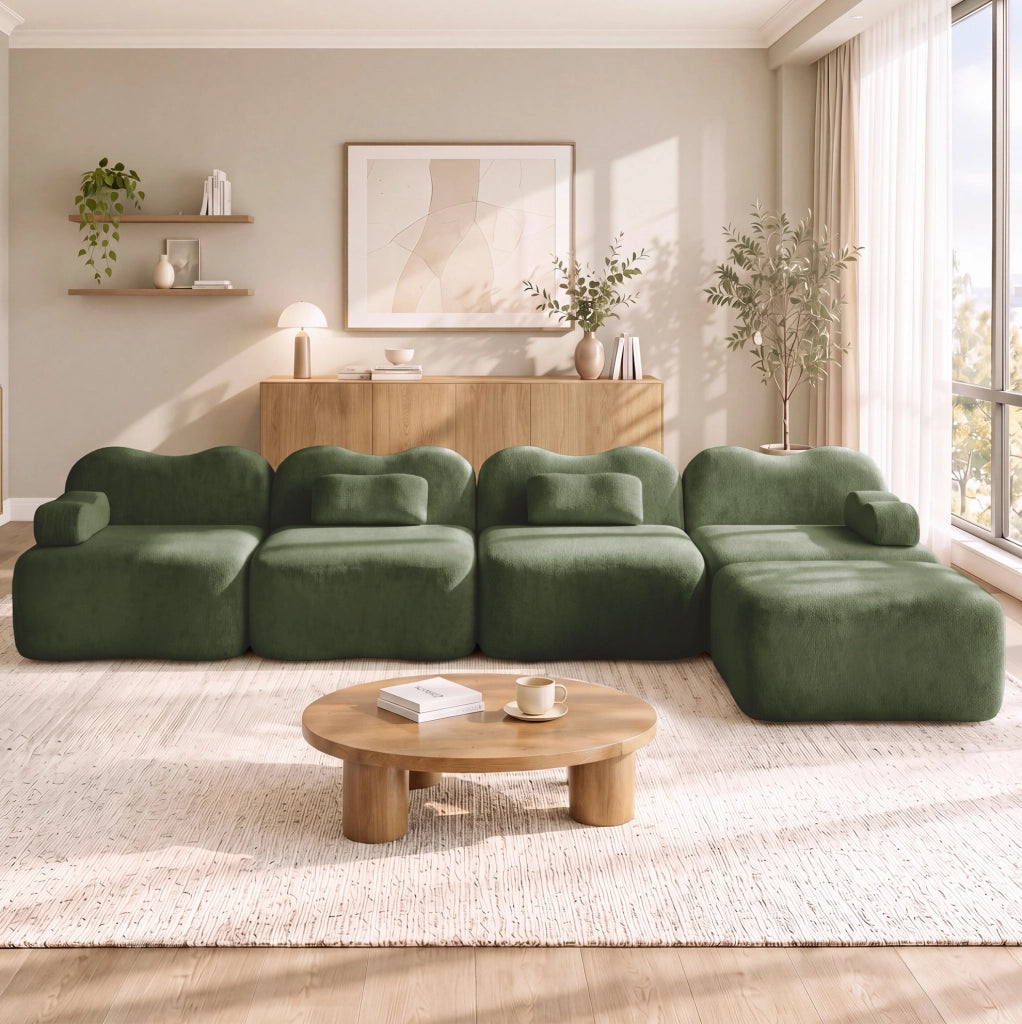 Divano angolare modulare verde in velluto con pouf