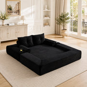 Divano Letto; trasformabile in letto; modulare; in velluto a coste nero; 180x98x80 cm con tasche laterali e portabicchieri