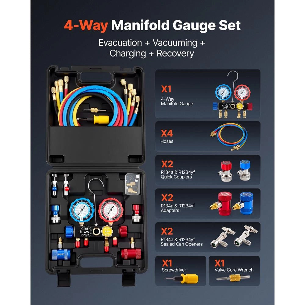Kit Manometro Diagnostico a 4 Vie per Refrigerante R134a R1234yf R404A R22 WZ-J402(SS), Tubo 1,5 m con Custodia Portatile per Aria Condizionata Auto e Casa