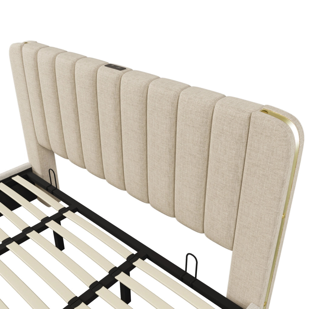 Letto matrimoniale contenitore 180x200 beige con materasso e USB-C
