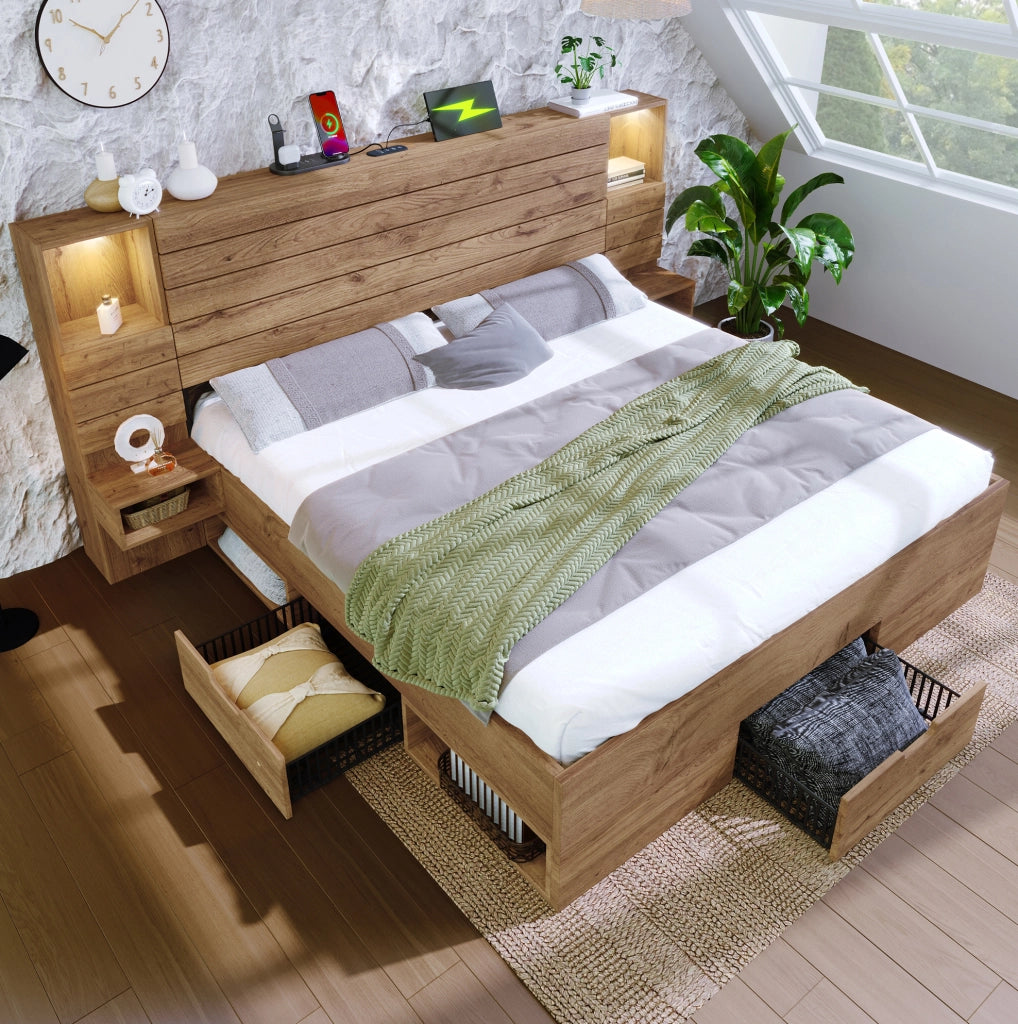 LETTO Matrimoniale 180x200 cm con LED, USB e Type-C Rovere