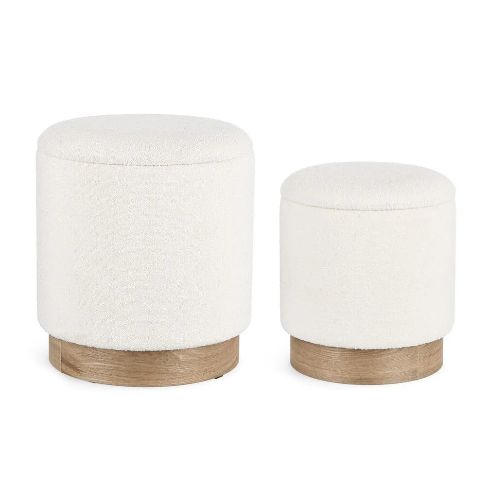 Set di 2 Pouf Contenitore Rotondi in Bouclé con Base in Legno Brian Bianco