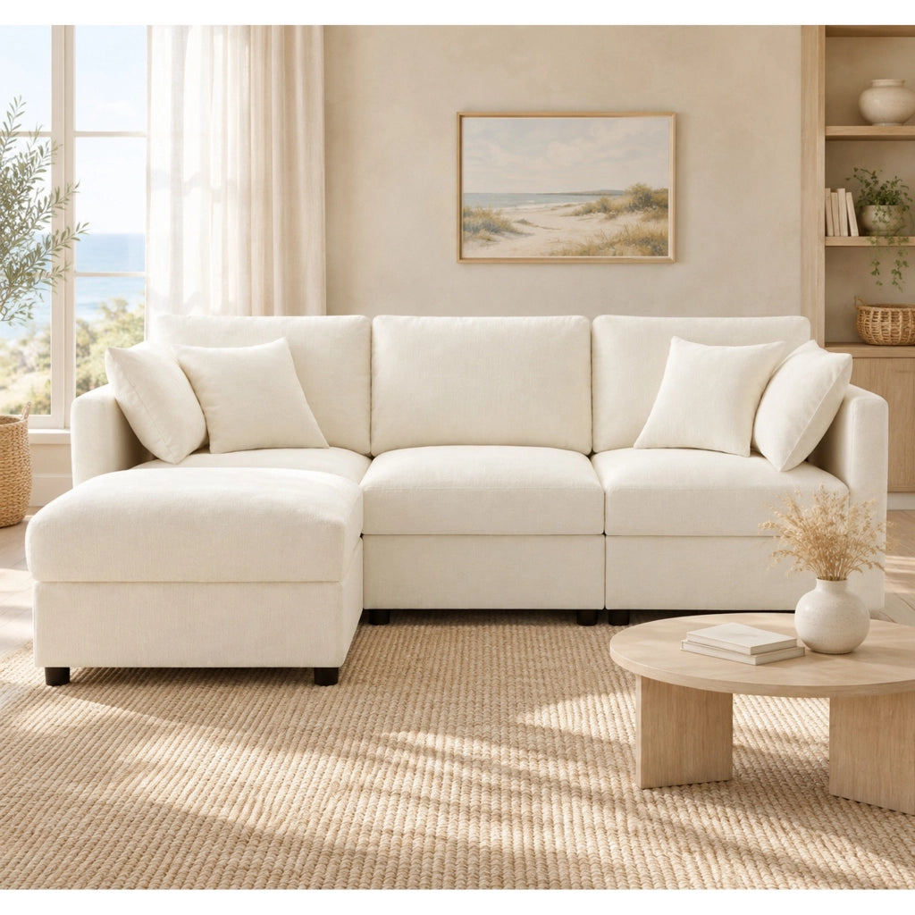 Divano 3 posti in ciniglia beige con pouf e braccioli regolabili