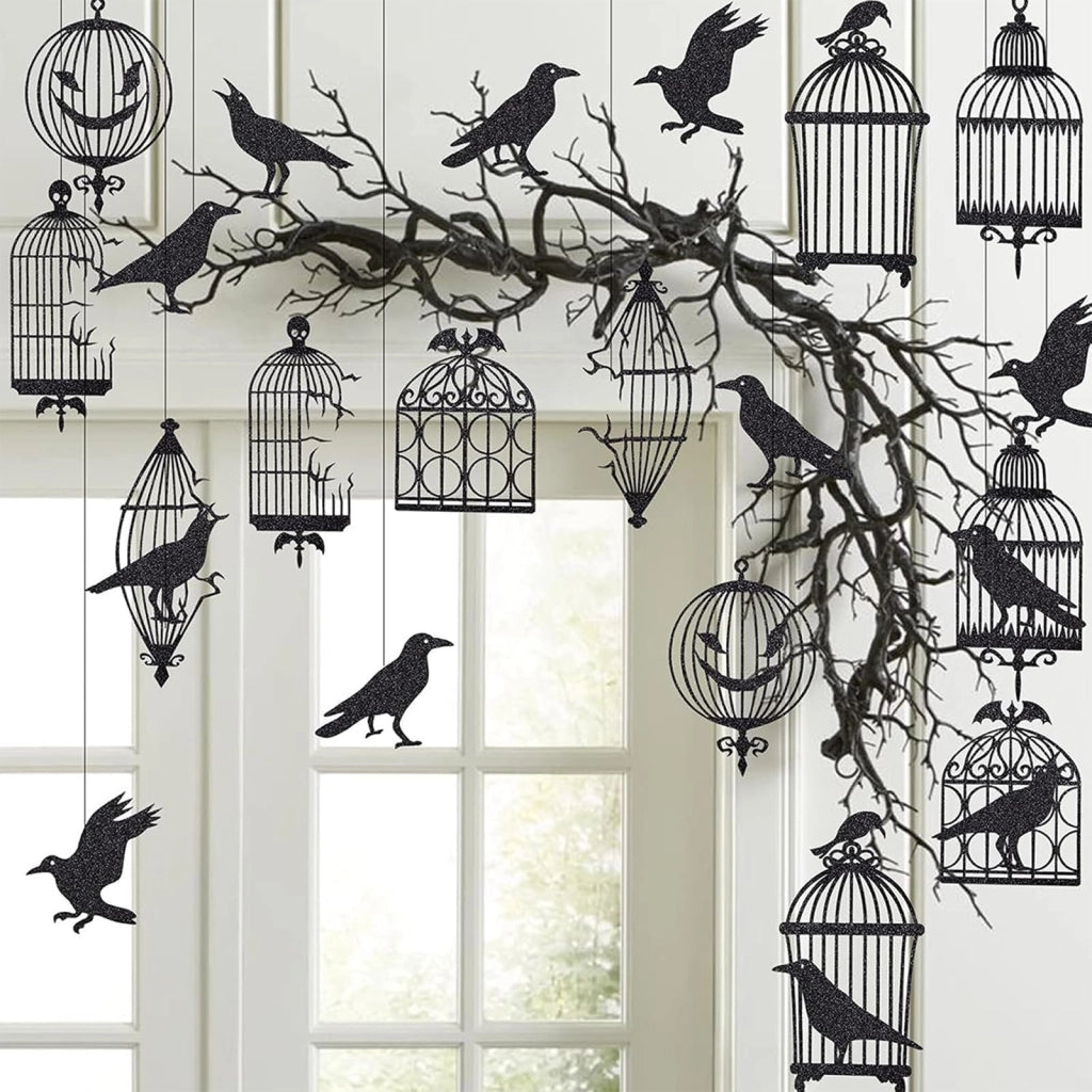 Set di decorazioni a tema Halloween da appendere, composto da 24 pezzi, con corvi neri e gabbie