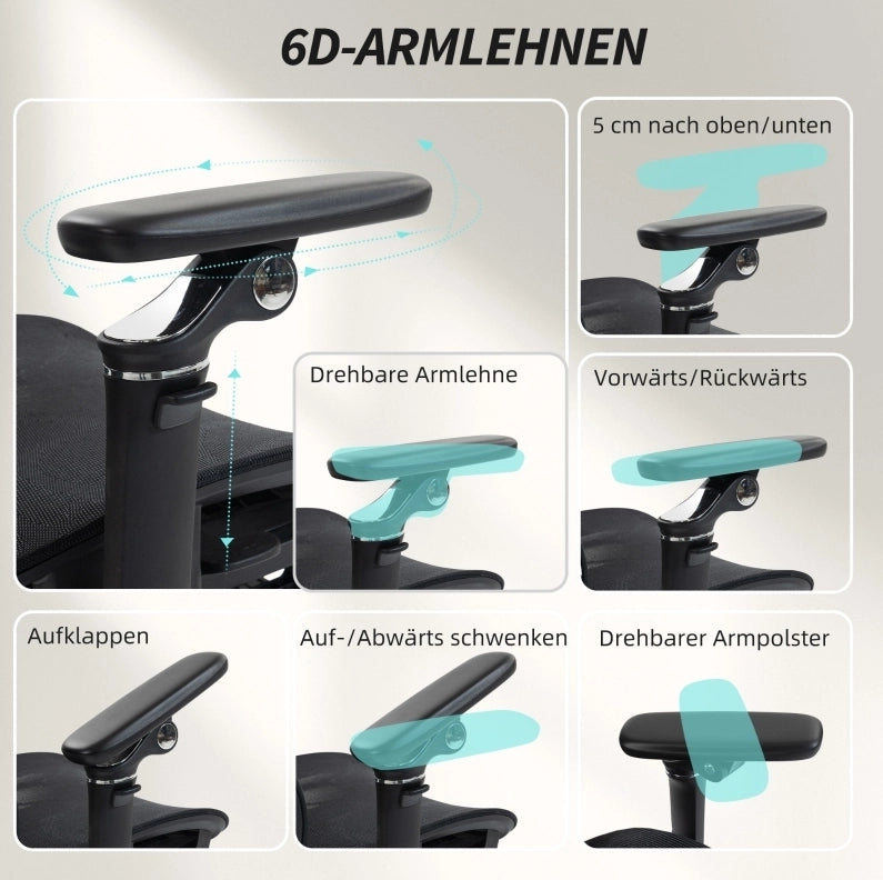 Sedia da ufficio ergonomica nera con braccioli 6D e poggiapiedi