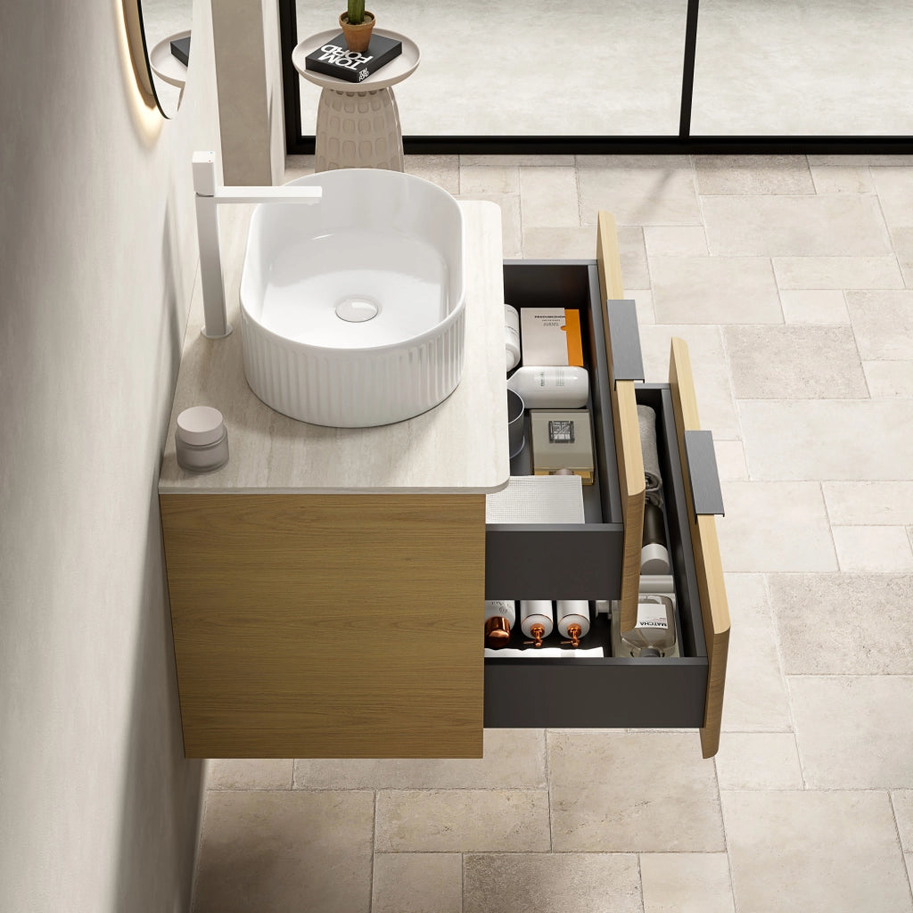 MOBILE BAGNO con lavabo ovale e 2 cassetti, ceramica e pietra sinterizzata
