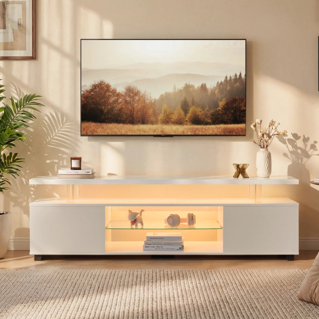 Mobile TV bianco con luci LED multicolore e vani contenitori