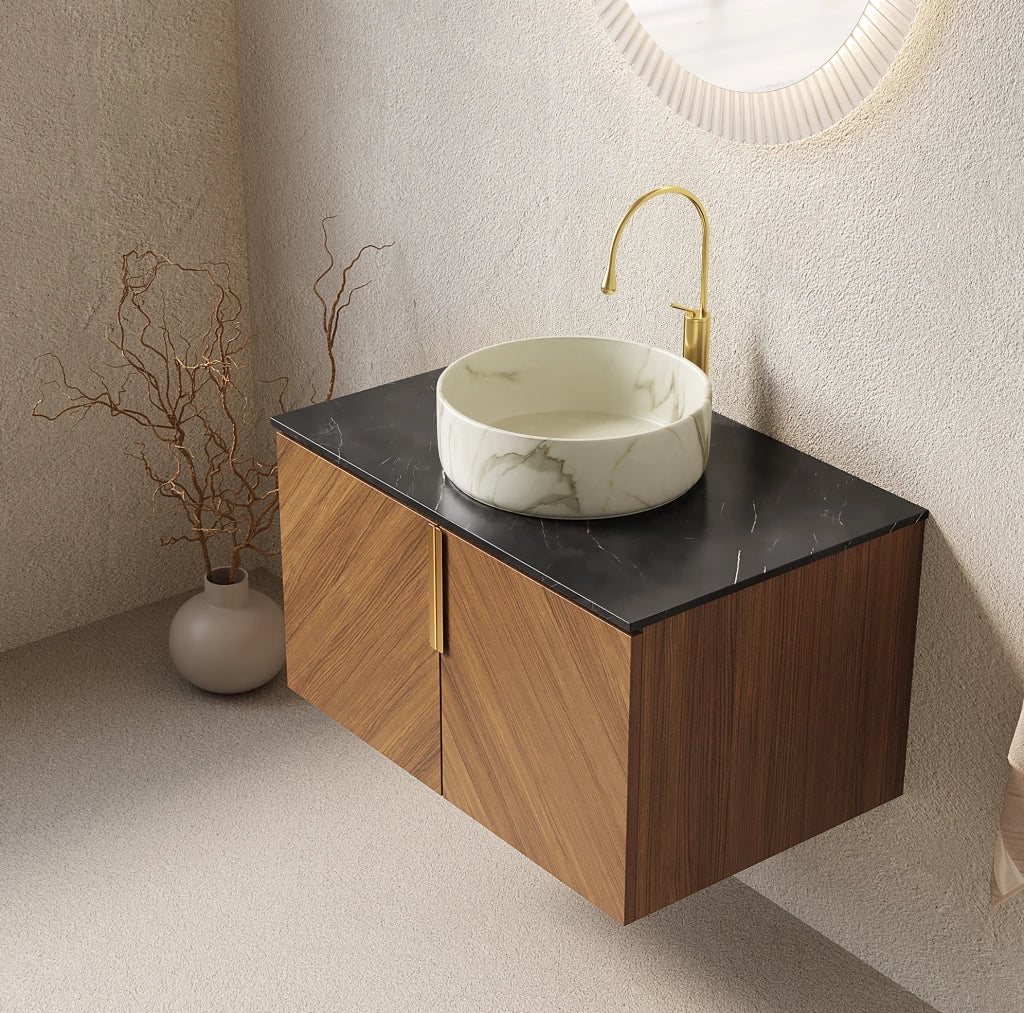 Mobile lavabo sospeso 76 cm, lavabo ceramica bianca, top nero, compensato marrone