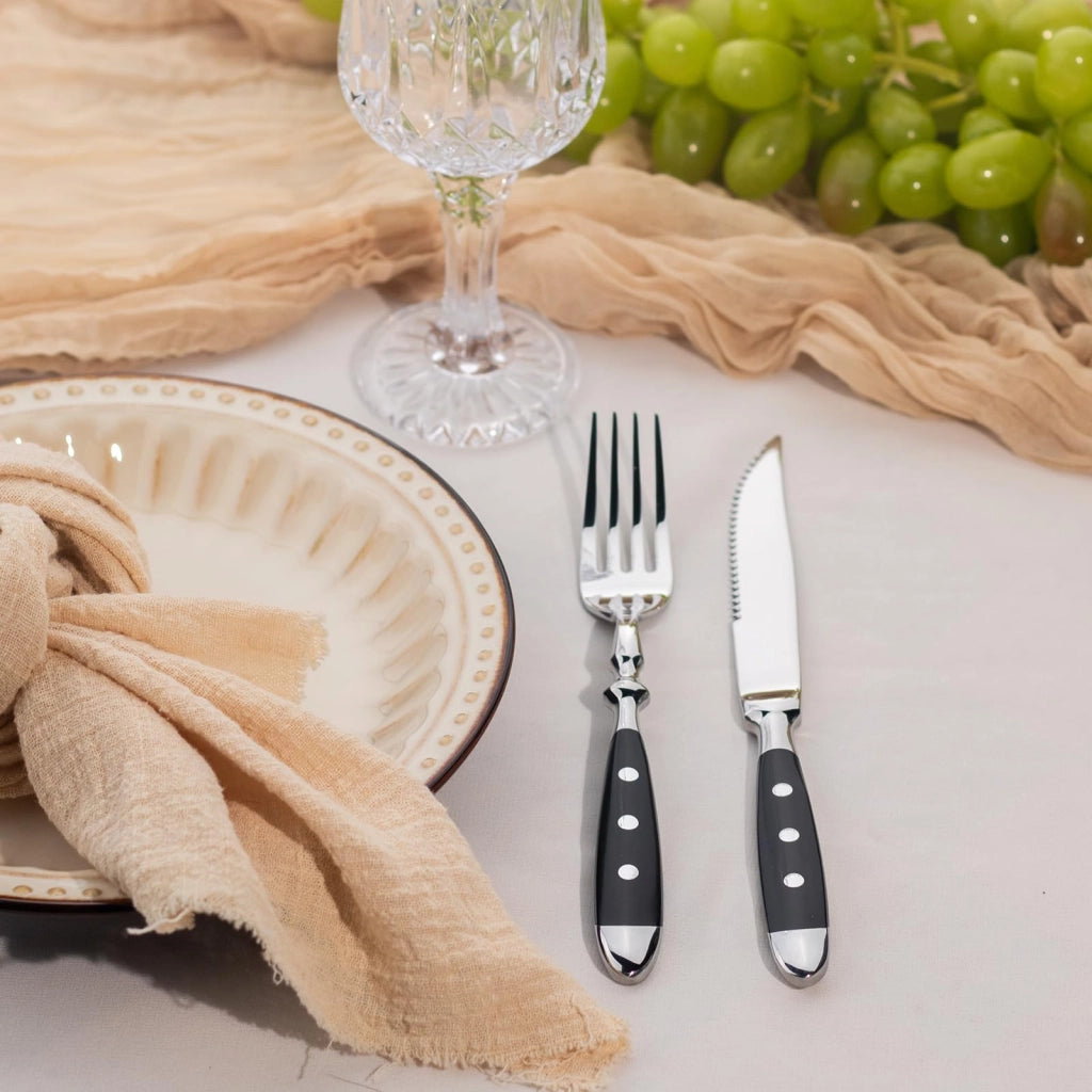 Set di coltelli da bistecca e forchette da dessert, 12 pezzi, in bachelite, colore nero