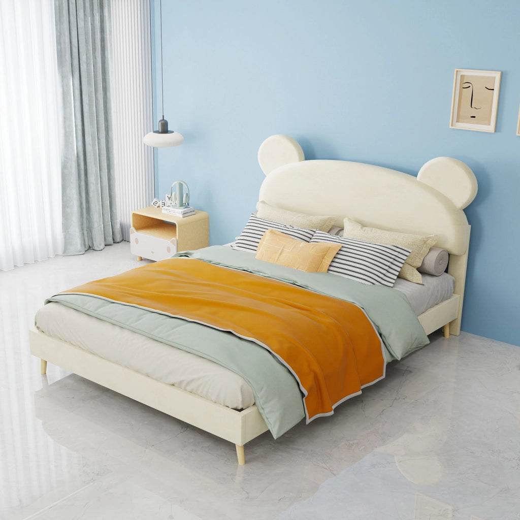 Letto imbottito 140x200 cm beige con testiera a tema orsetto