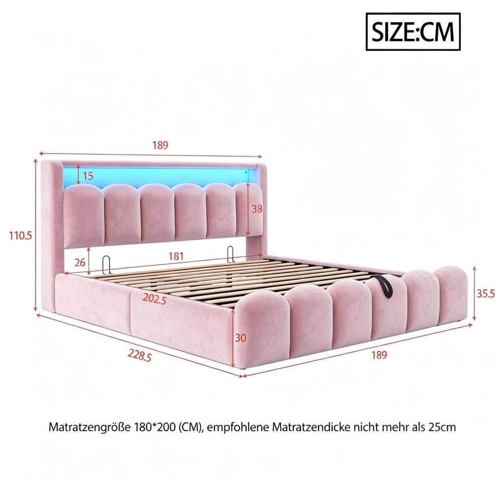 Letto imbottito rosa 180 x 200 cm con contenitore e luci integrate