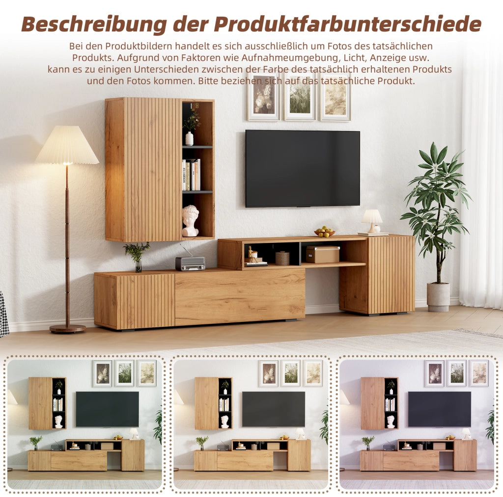 Parete TV in rovere e nero con mobile regolabile e pensile
