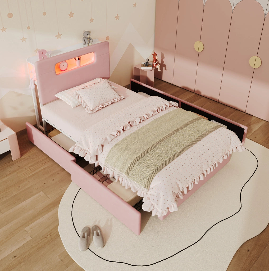 Letto imbottito per bambini 90x200 cm rosa con LED e cassetti