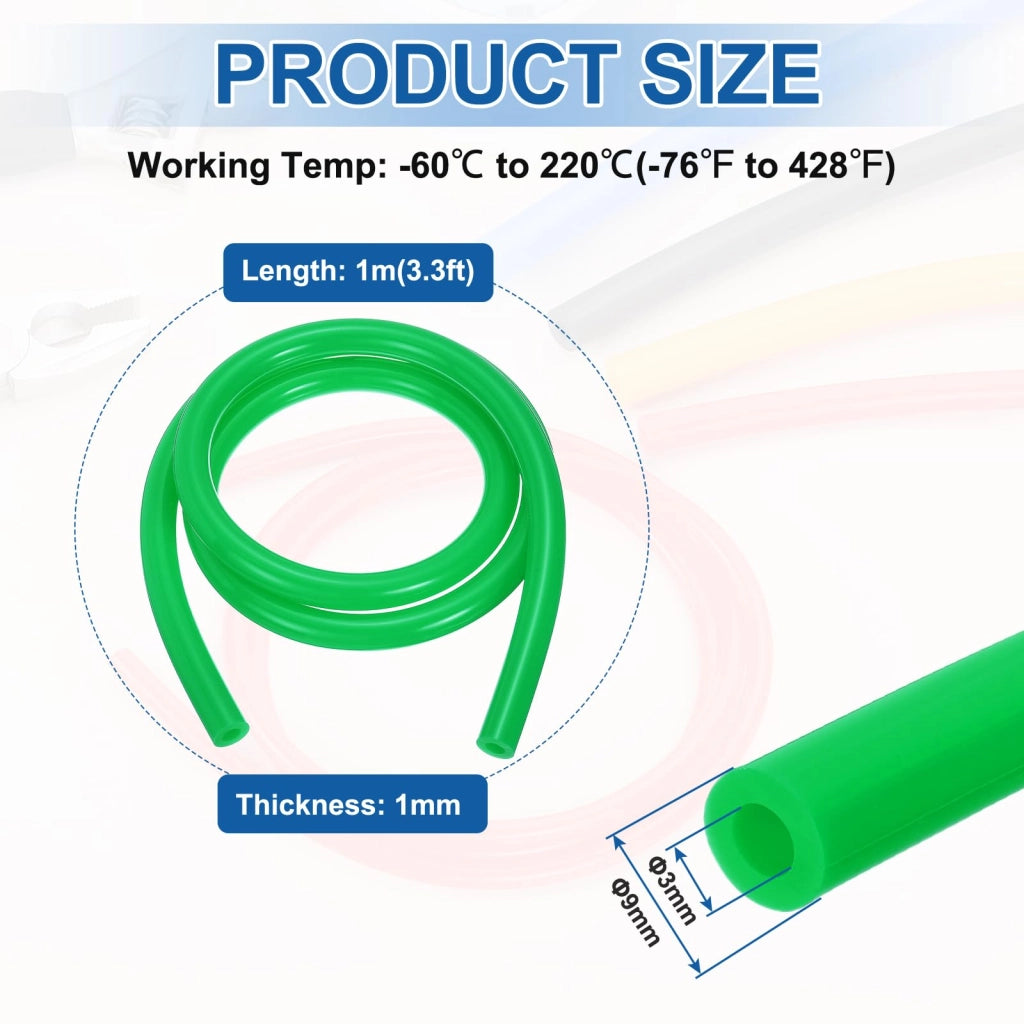 Tubo in silicone, diametro interno 3 mm, diametro esterno 9 mm, lunghezza 1 metro, colore verde