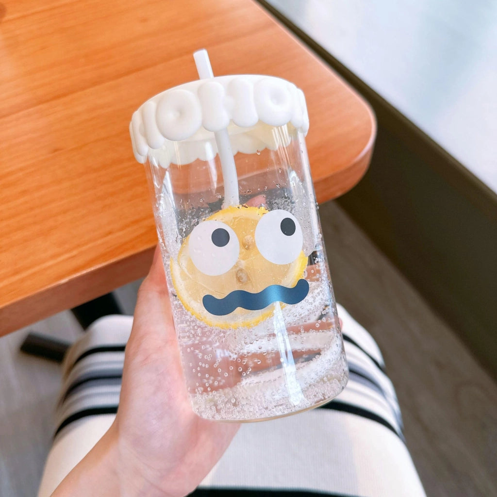 Bicchiere di vetro con coperchio e cannuccia, capacità 520 ml, colore bianco