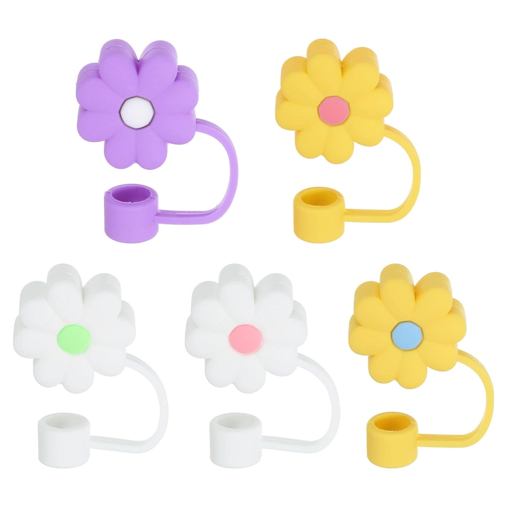 Set di 5 coperchi in silicone per cannucce, diametro 10 mm, colorati, a forma di fiore