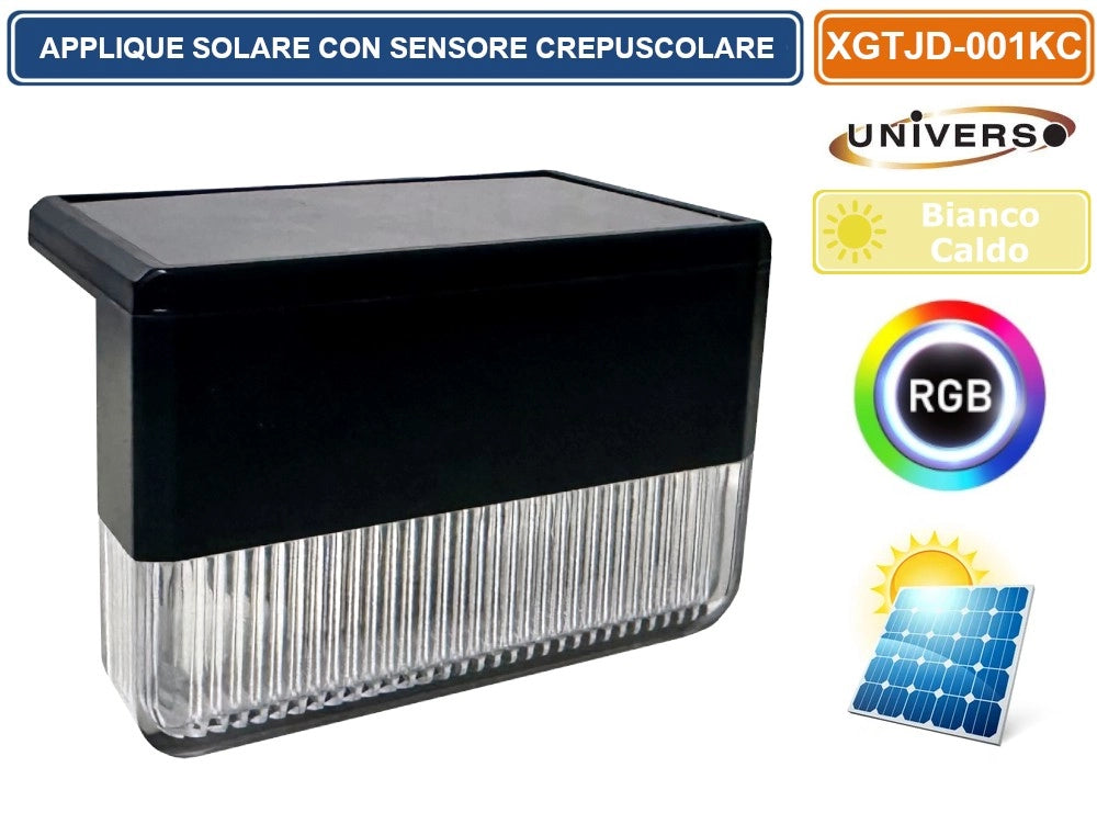 APPLIQUE LAMPADA LED DA ESTERNO CON PANNELLO SOLARE E CREPUSCOLARE COLORE LUCE 3000K + RGB