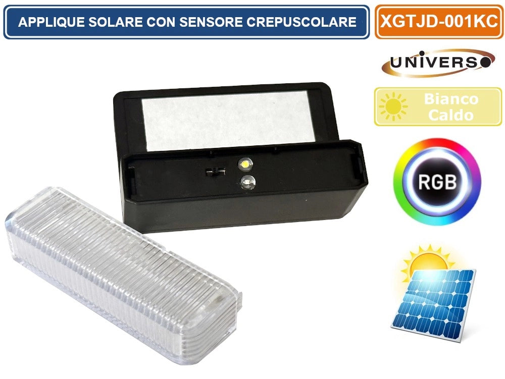 APPLIQUE LAMPADA LED DA ESTERNO CON PANNELLO SOLARE E CREPUSCOLARE COLORE LUCE 3000K + RGB