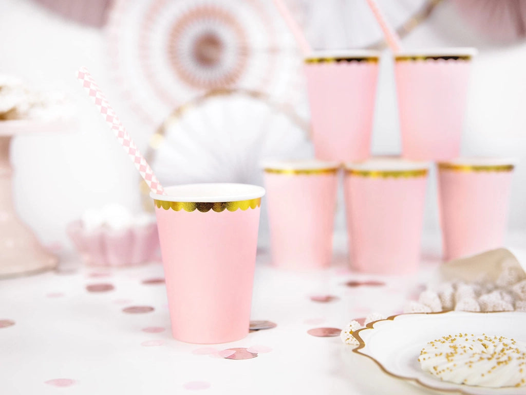 6 bicchieri di plastica rosa con bordo dorato, capacità 220 ml, monouso