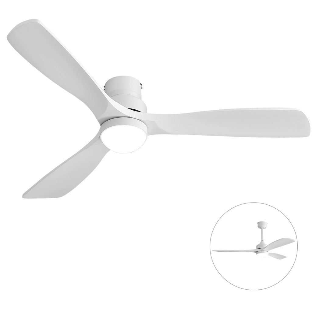 Ventilatore da soffitto bianco con luce LED; motore DC silenzioso e telecomando