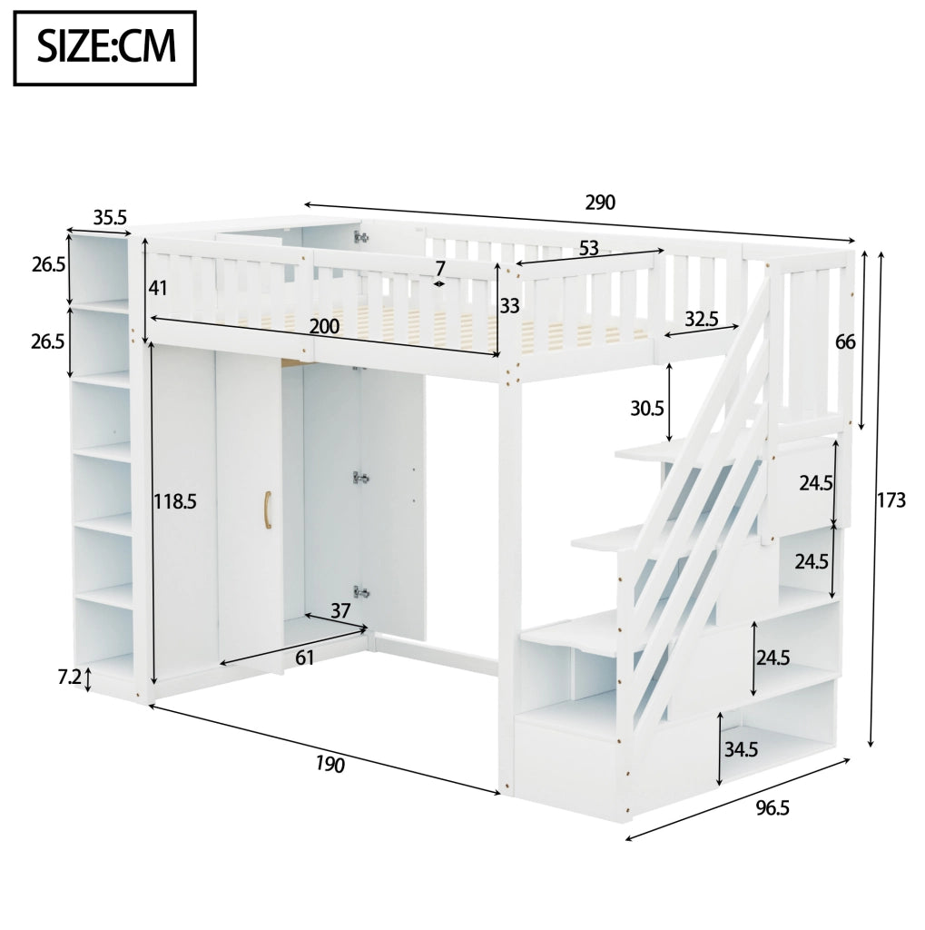 Letto a soppalco multifunzionale 90x200 cm con scala di sicurezza, armadio ampio e scaffali, bianco